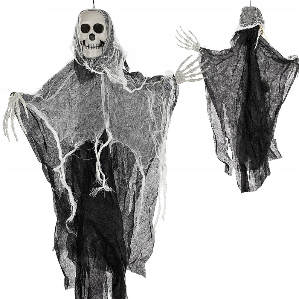 Decoratiune schelet de Halloween, Zola, agatatoare, 70 x 80 cm, alb/negru Decoratiune schelet de Halloween, Zola, agatatoare, 70 x 80 cm, alb/negru